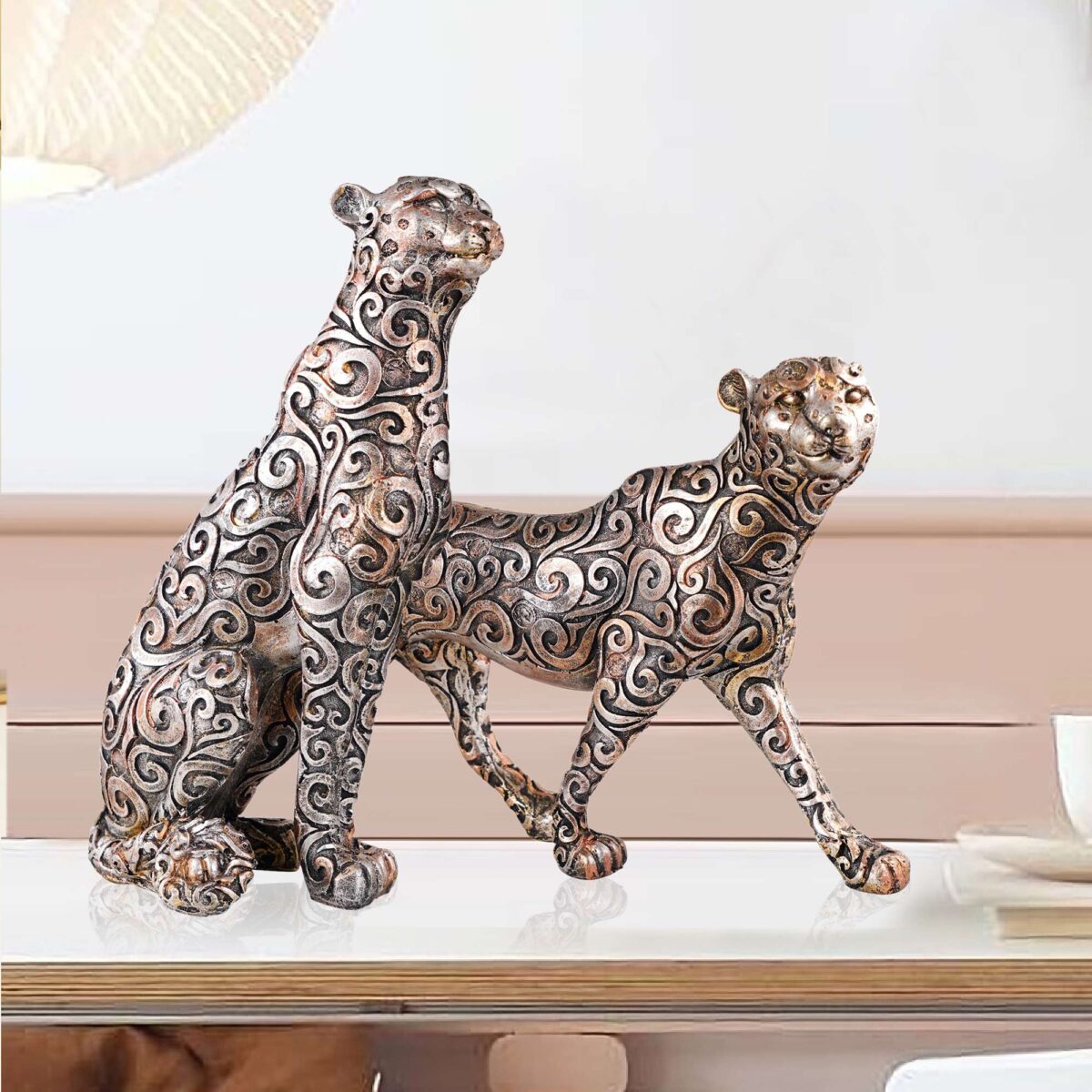 White Panther Standing Position Animal Showpiece Antique Sculpture for Home Decor Showpiece Figurine