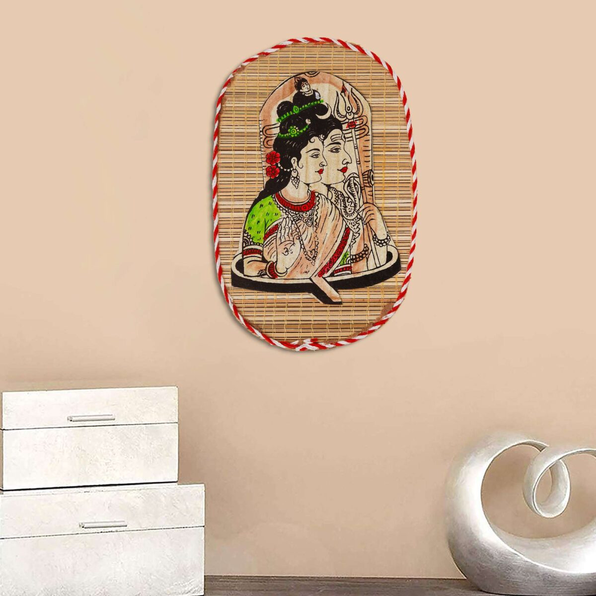 Oval Shaped Design Bamboo Hand Crafted Wall Hangings Of Shiv Sakti For Home Decor - Image 4