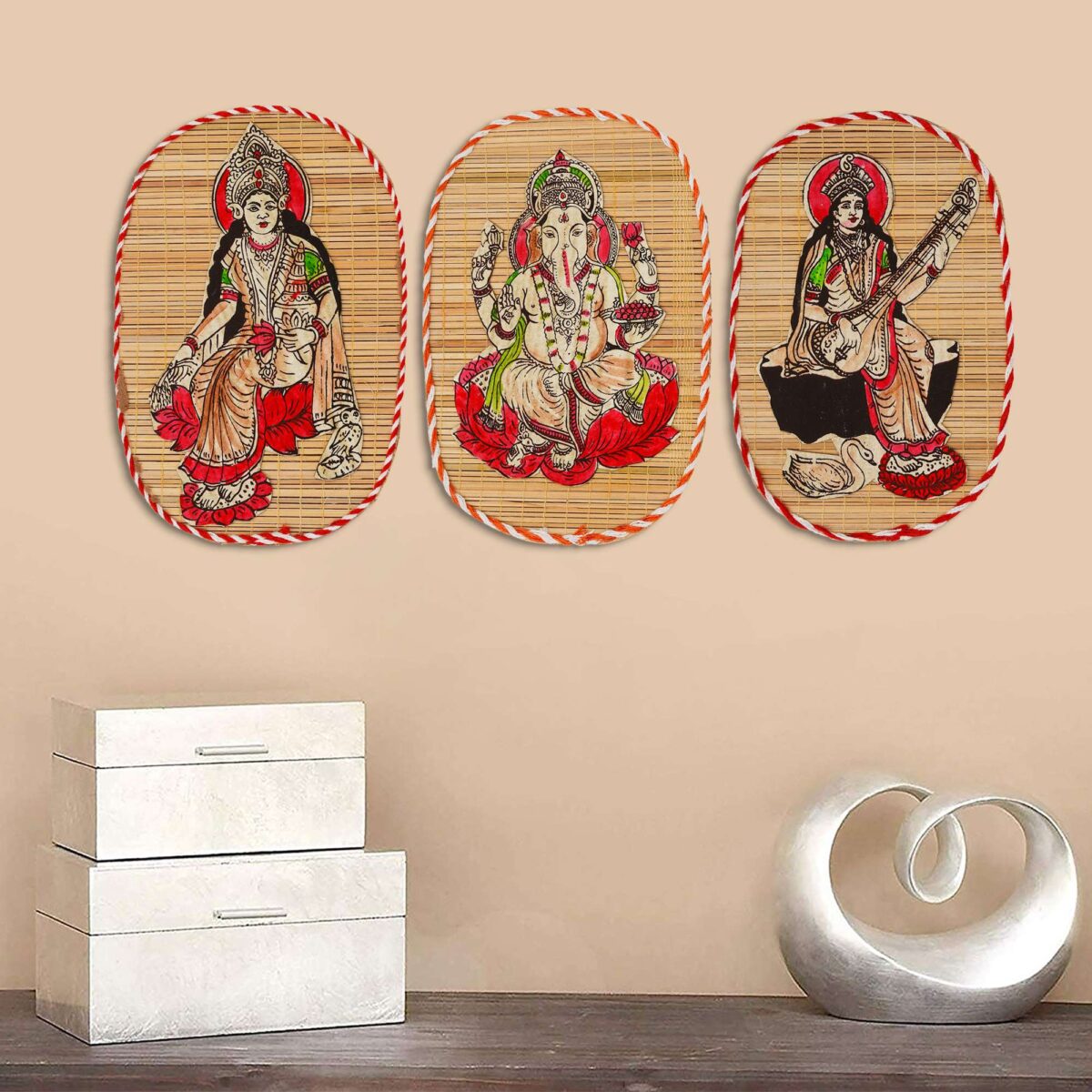 Bamboo Hand Crafted Wall Hangings Of The Trio Of  Ganesh Ji, Laxmi Ji And Sarwasti Ji Painting For Home Decor