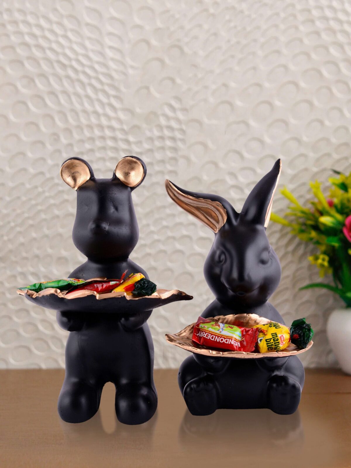 Set of 2 Rabbits in Black Decorative Showpiece for Home Decor Showpiece | Home Kitchen Decor | Office Decorative Item - 13 cm