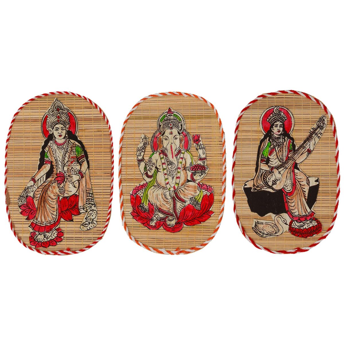 Bamboo Hand Crafted Wall Hangings Of The Trio Of  Ganesh Ji, Laxmi Ji And Sarwasti Ji Painting For Home Decor - Image 2