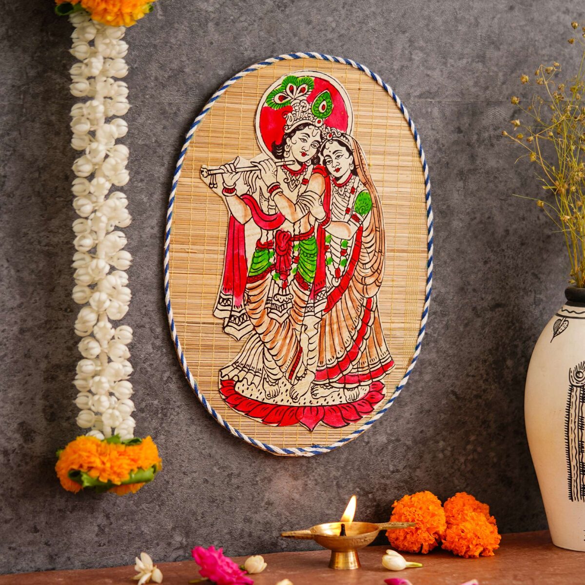 Oval Shaped Design Bamboo Hand Crafted Wall Hangings Of Krishna Ji With Radha Ji For Home Decor | Bamboo Art For Wall Decor