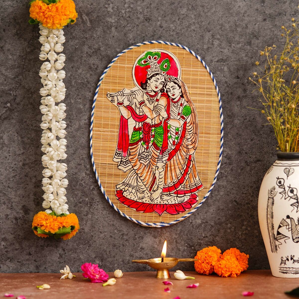 Oval Shaped Design Bamboo Hand Crafted Wall Hangings Of Krishna Ji With Radha Ji For Home Decor | Bamboo Art For Wall Decor - Image 3